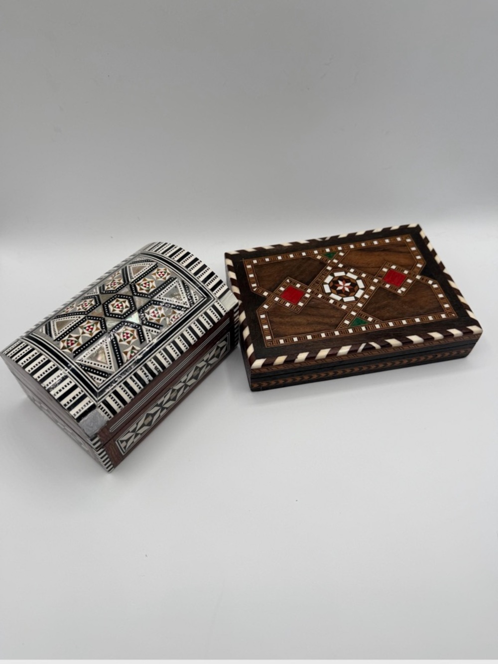 Inlaid Wooden Decorative Boxes - Black, White, Brown with Red & Green Accents